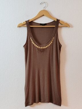 Vintage Express Brown Y2K Studded Beaded Boho Fairy Grunge Flowy Tank Top Small